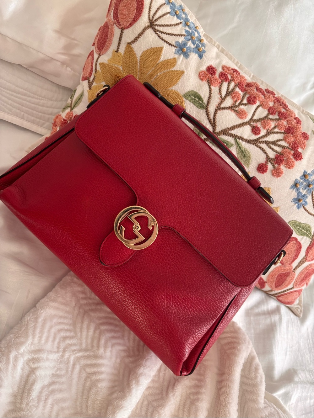 Gucci Red Leather Top-Handle Satchel with Gold GG Hardware